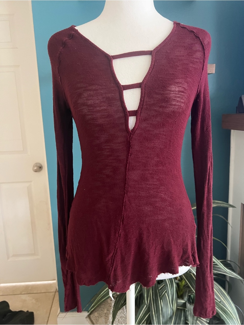 Intimately Free People Burgundy Long Sleeve Knit Top